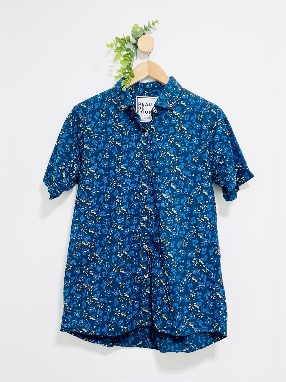 Peau De Loup Blue Preppy Floral Button Up Short Sleeve Cotton Shirt Unisex